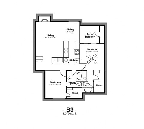Floor plan for 2 beds, 2 baths, 1070 sqft